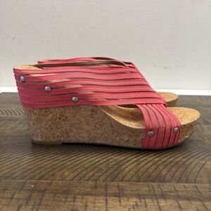 Lucky Brand Miller Cork Wedge Sandals Women 8.5M Pink Crisscross Studded Stretch